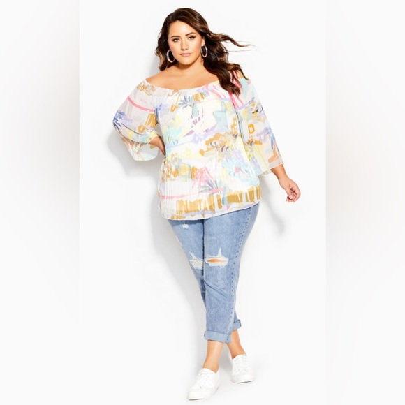 NWT City Chic Retro Storm Off Shoulder Chiffon Floaty Top Plus Size S (16) - Picture 3 of 8